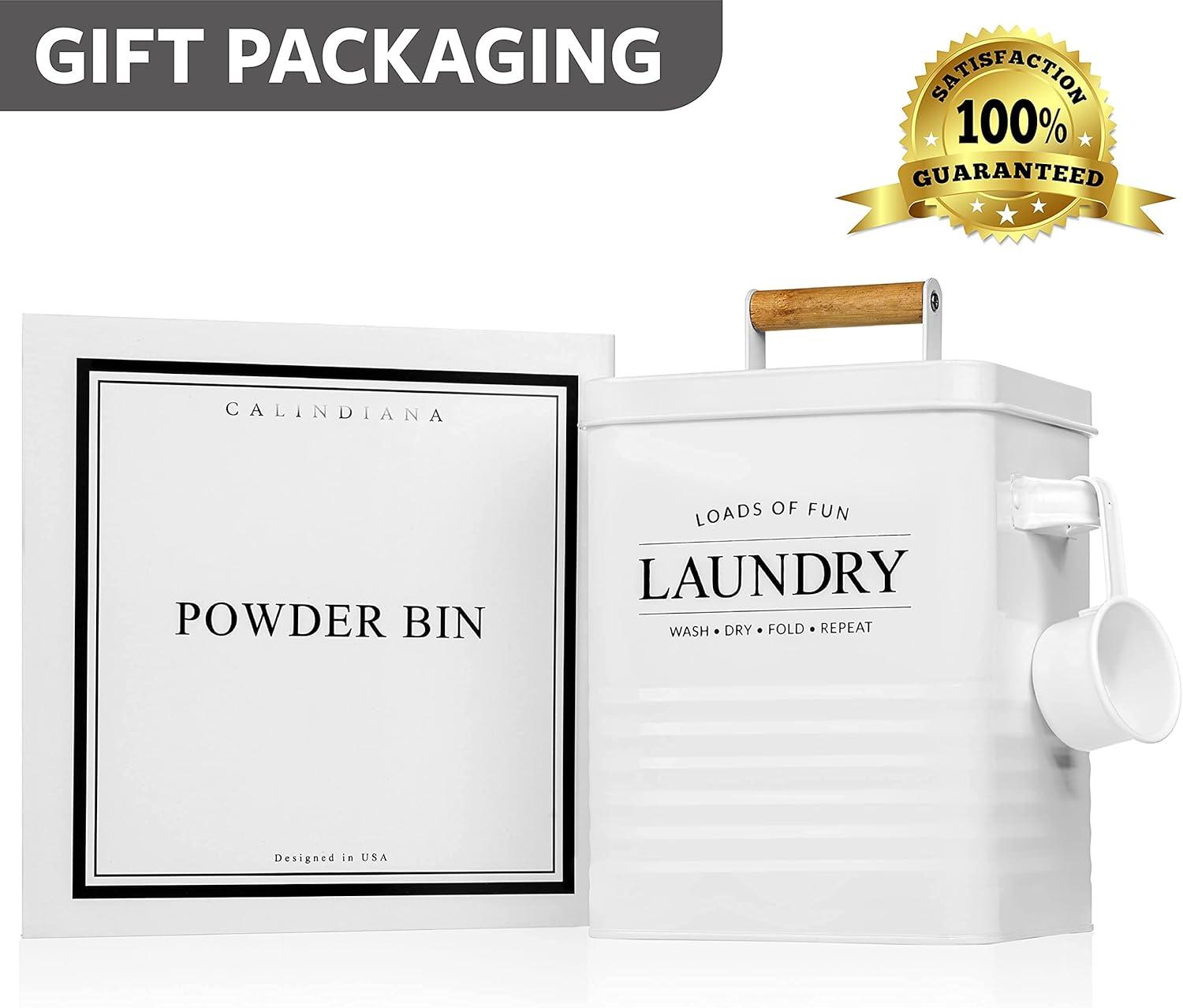 Calindiana Modern Farmhouse Metal Laundry Soap Dispenser with Scoop for Decor and Space Saving Organization, White