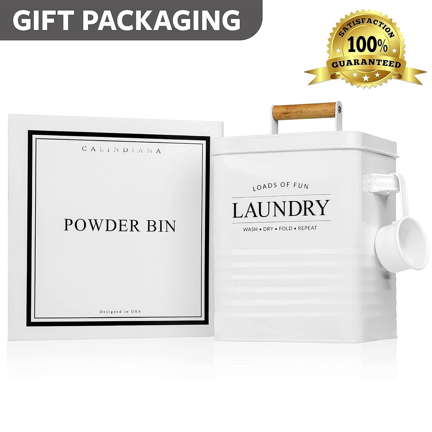 Calindiana Modern Farmhouse Metal Laundry Soap Dispenser with Scoop for Decor and Space Saving Organization, White