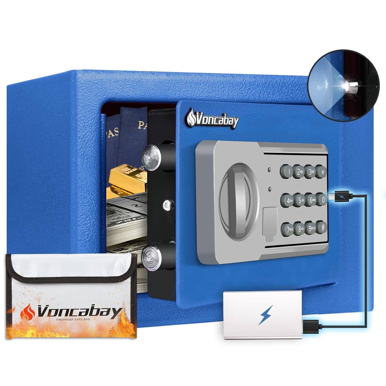 Voncabay Money Safe Box for Home with Sensor Light and Mute Function & Fireproof Security Safe Box with Emergency Power Outlet & with Digital Keypad-khaki