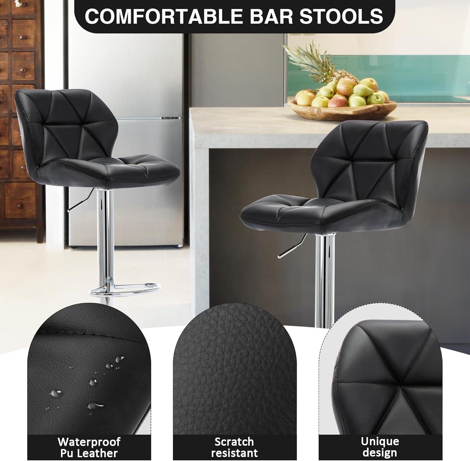 Adjustable Black Faux Leather Swivel Bar Stools, Set of 2