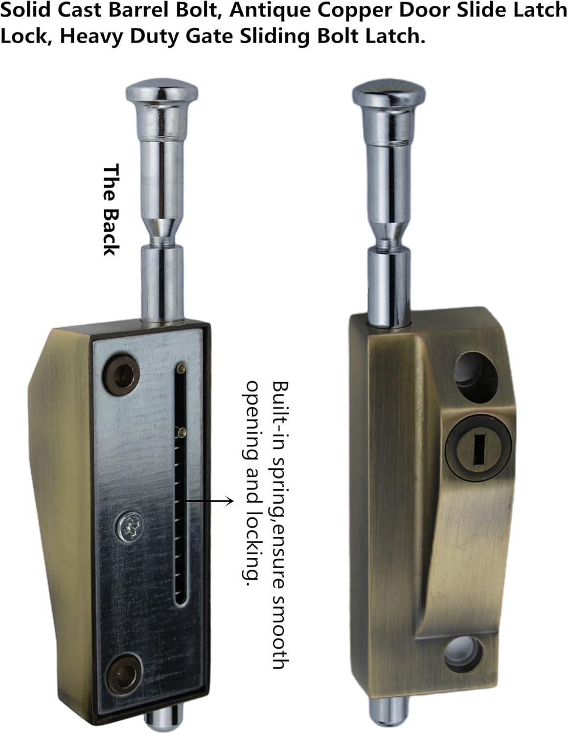 Spring Loaded Latch pin Heavy Duty Sliding Bolt Marine Grade 2025 Update,Barrel Bolt Thickened Vertical Latch Door Lock Cane Bolts for Gates Garage barn Double Door (Bronze Retro)