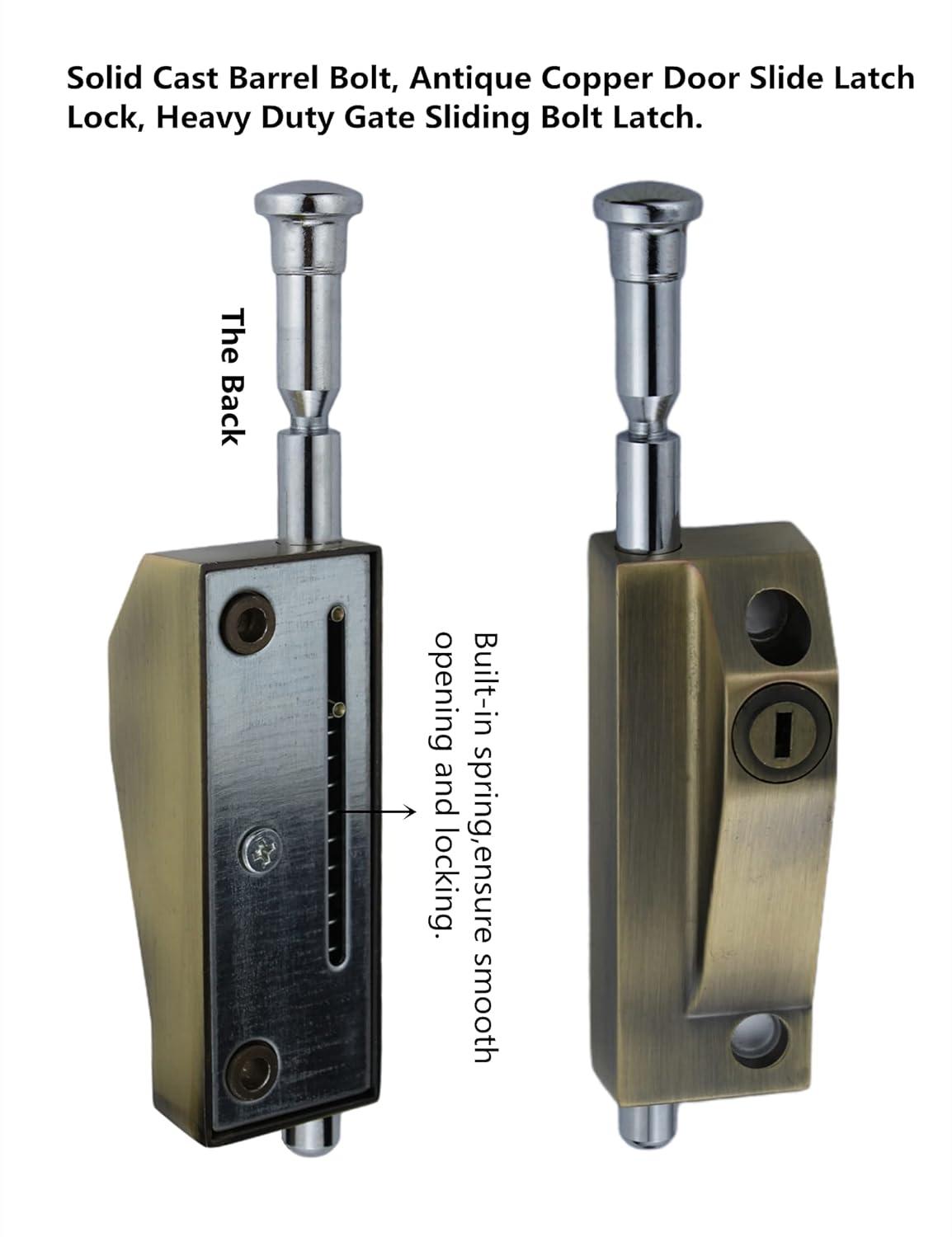Spring Loaded Latch pin Heavy Duty Sliding Bolt Marine Grade 2025 Update,Barrel Bolt Thickened Vertical Latch Door Lock Cane Bolts for Gates Garage barn Double Door (Bronze Retro)