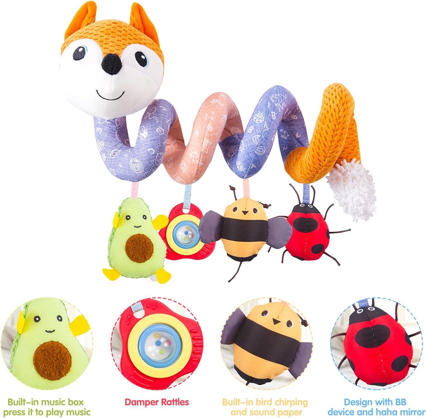 HILENBO Car Seat Toys, Infant Baby Orange Fox Spiral Plush Activity Hanging Toys for Car Seat Stroller Bar Crib Bassinet Mobile with Music Box BB Squeaker and Rattles?Orange?