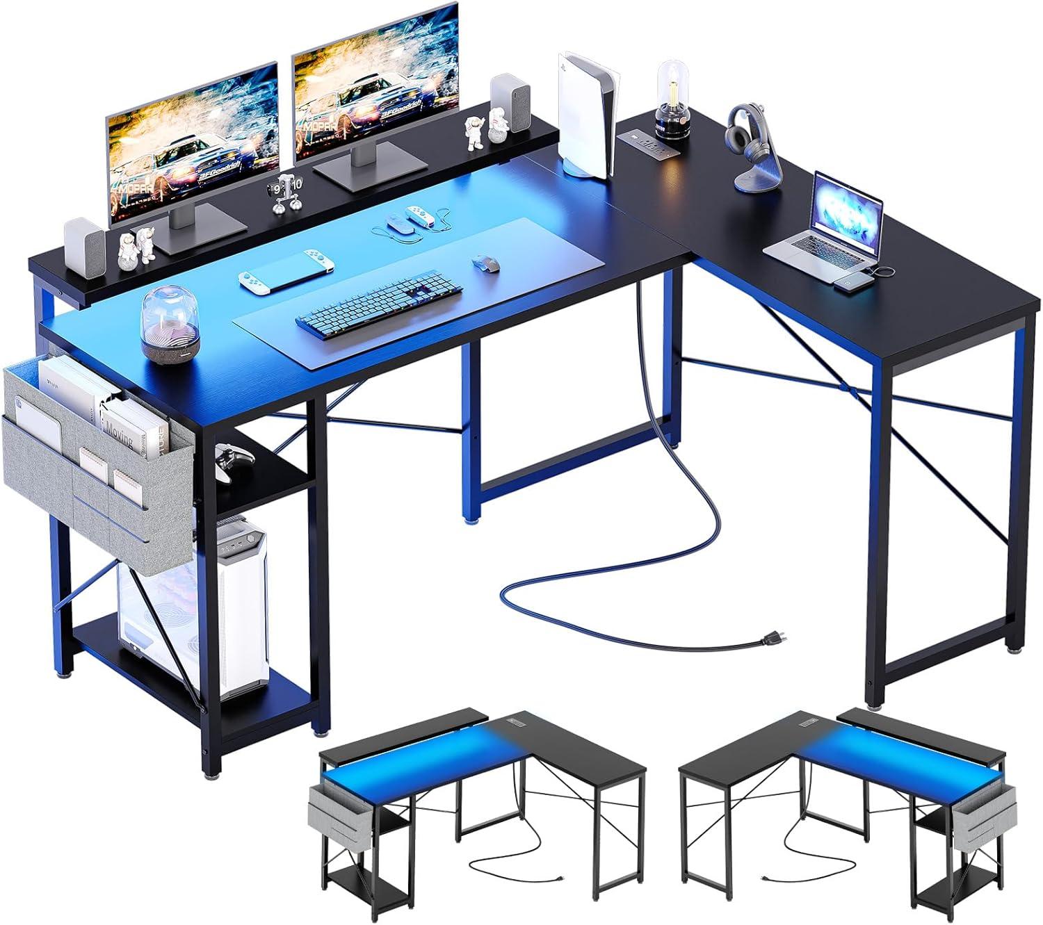 Danolapsi L Shaped Computer Gaming Desk with Power Outlet & LED Light,54 Inch Reversible Modern Office Corner Computer Desk,Corner Desk Home Office Desk with USB Charging Port & Storage Bag