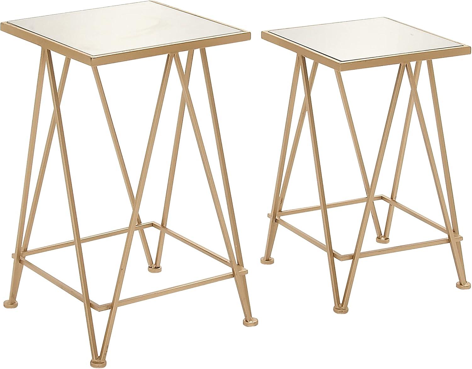 DecMode 15" x 26" Gold Metal Accent Table with Mirrored Glass Top, 2-Pieces