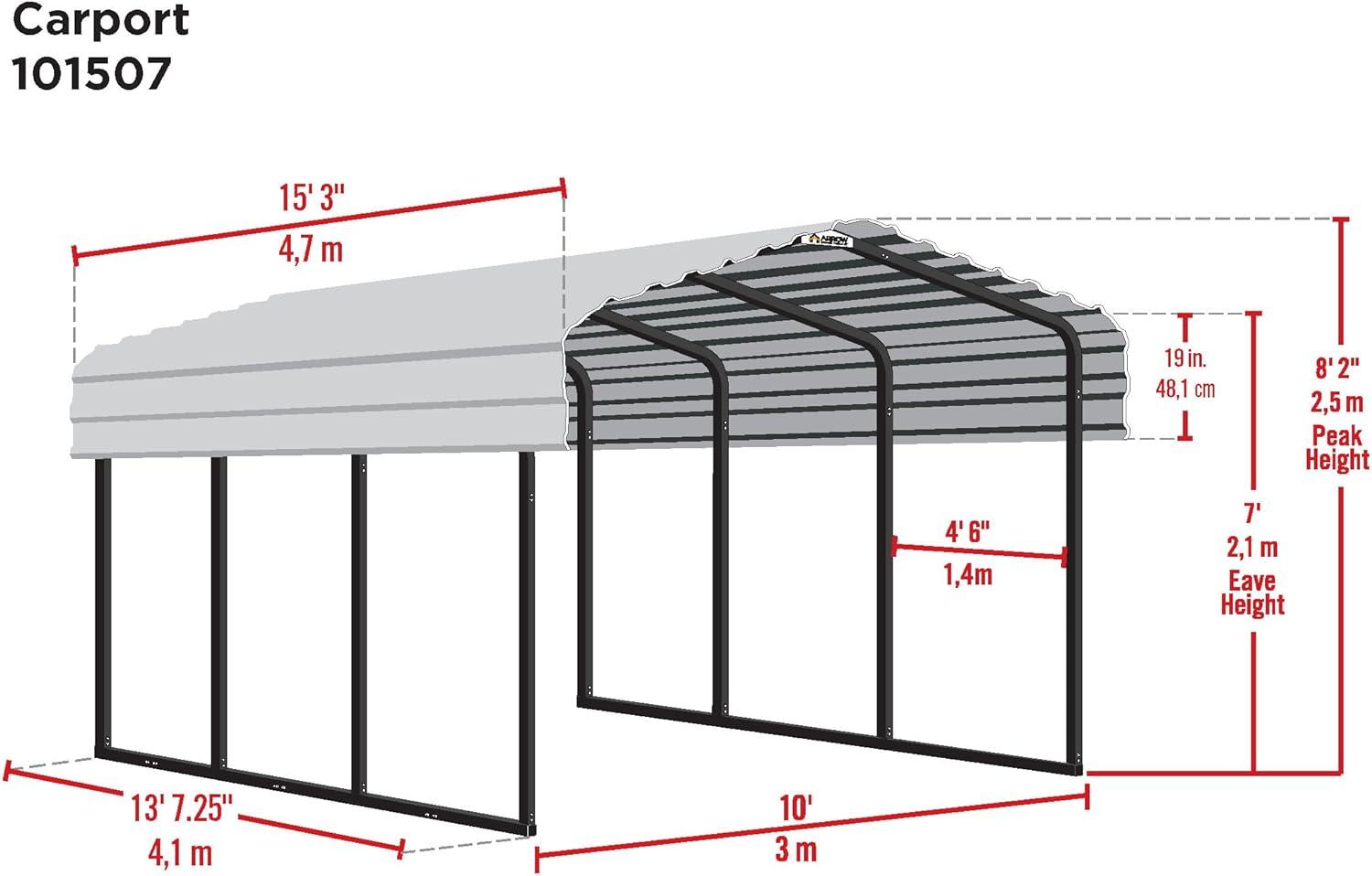 Arrow Carports Galvanized Steel Carport, Compact Car Metal Carport Kit, 10' x 15' x 7', Eggshell