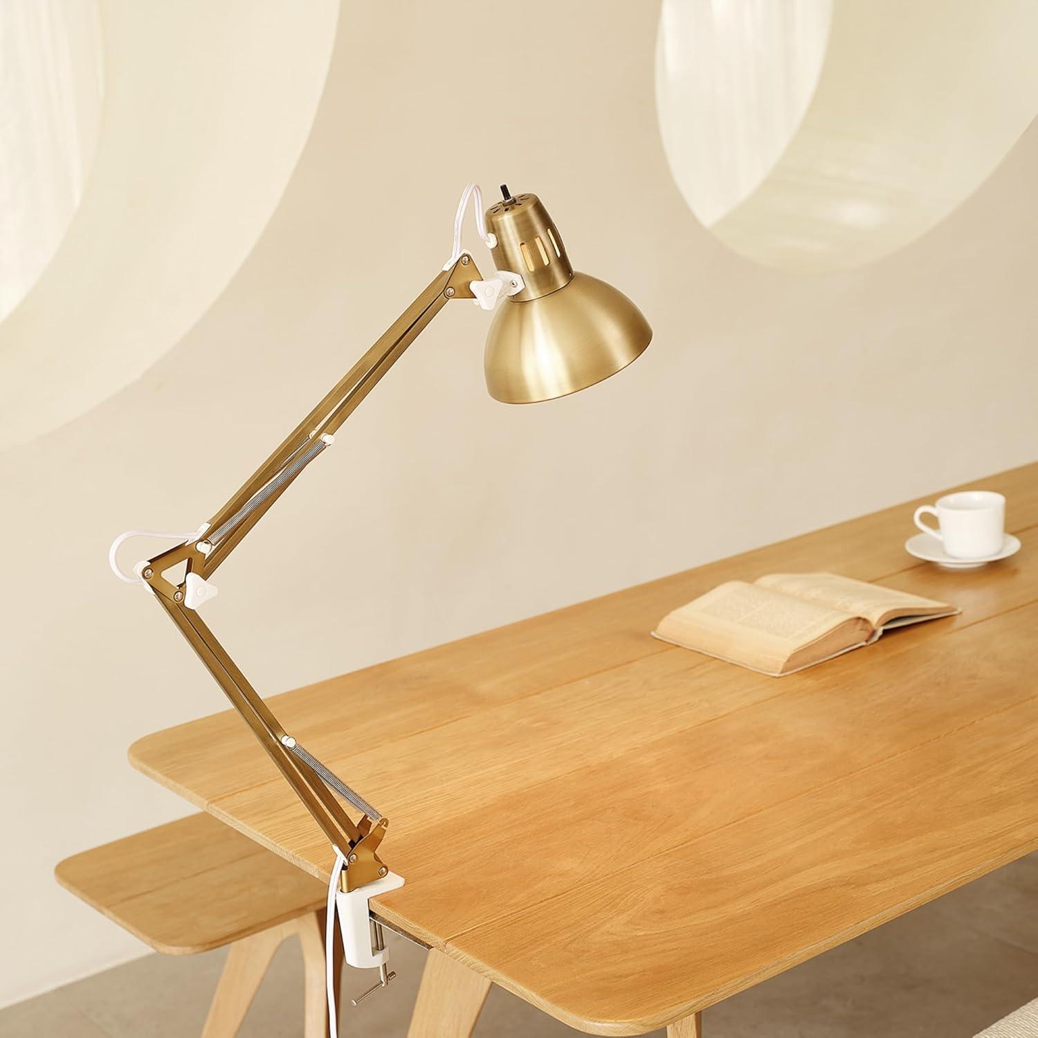 Adjustable Gold Clip-On Desk Lamp with Metal Clamp