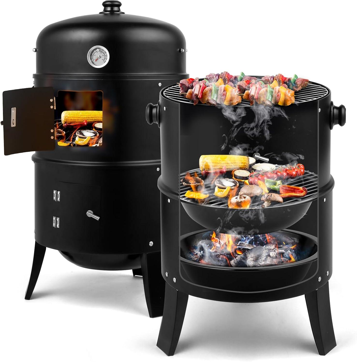 Yunwen 31.5" Charcoal Smoker Grill 3-in-1 Vertical Heavy Duty Charcoal BBQ Smoker Grill