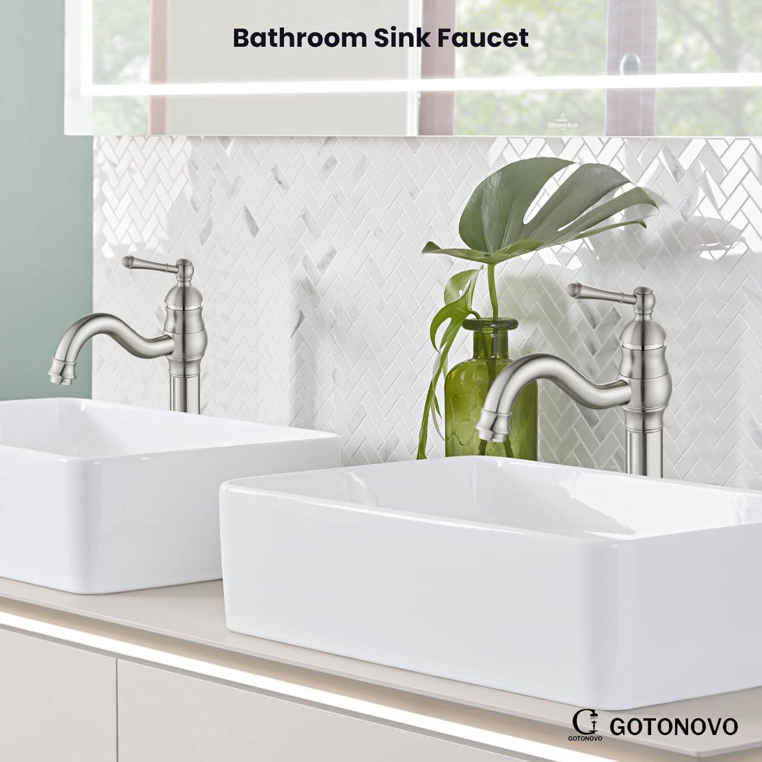 gotonovo Single Handle Vessel Sink Faucet 360° Swivel Bathroom Faucet One Hole Farmhouse Lavatory Vanity Faucet Bowl Sink Mixer Tap Without Pop Up Drain, Brushed Nickel