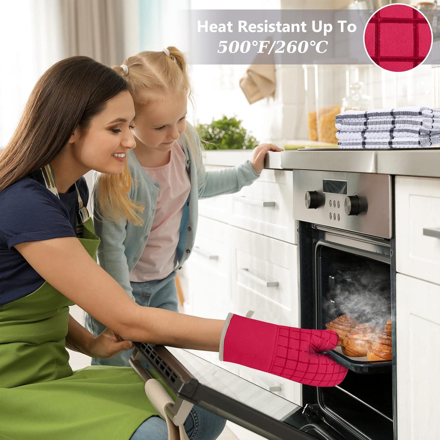 Oven Mitts and Pot Holders Set with Kitchen Towels and Dishcloths, 500 Degree Heat Resistant Oven Gloves and Hot Pads, Premium Soft Cotton Kitchen Hand Towels and Dish Cloth Sets (Red)