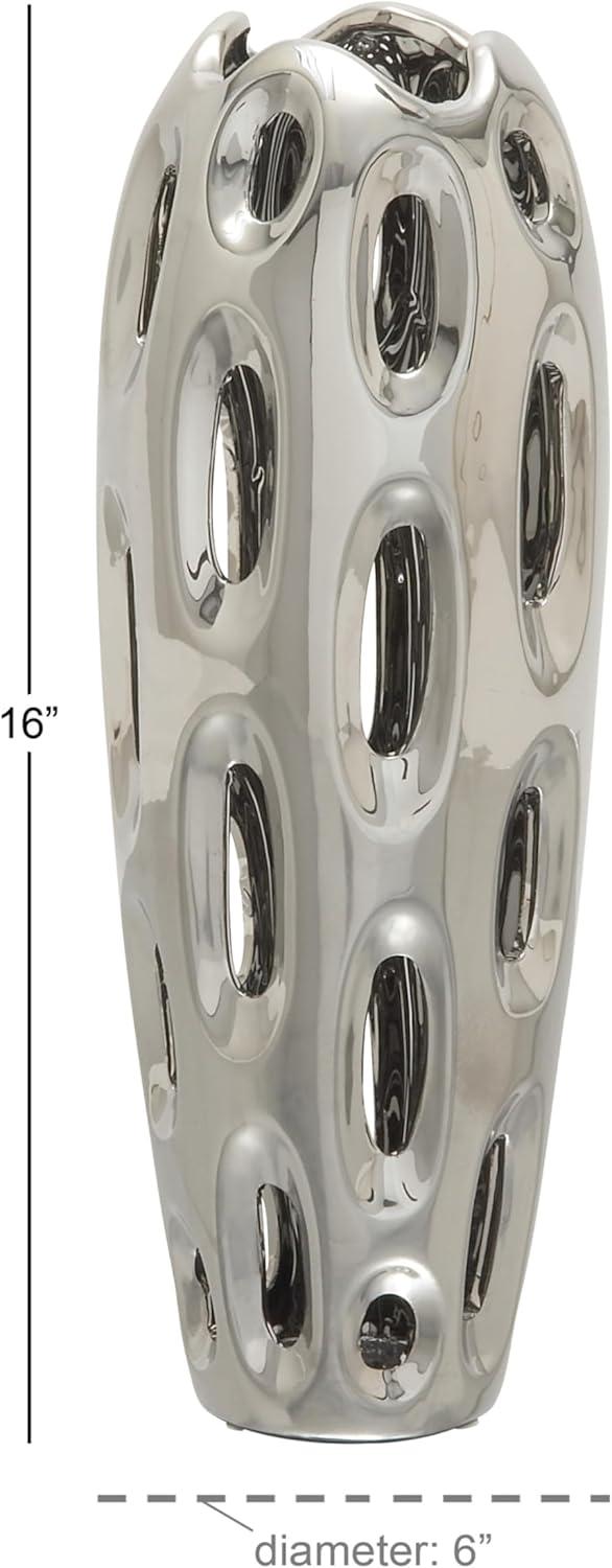 DecMode 16" Silver Ceramic Vase with Cut Out Designs