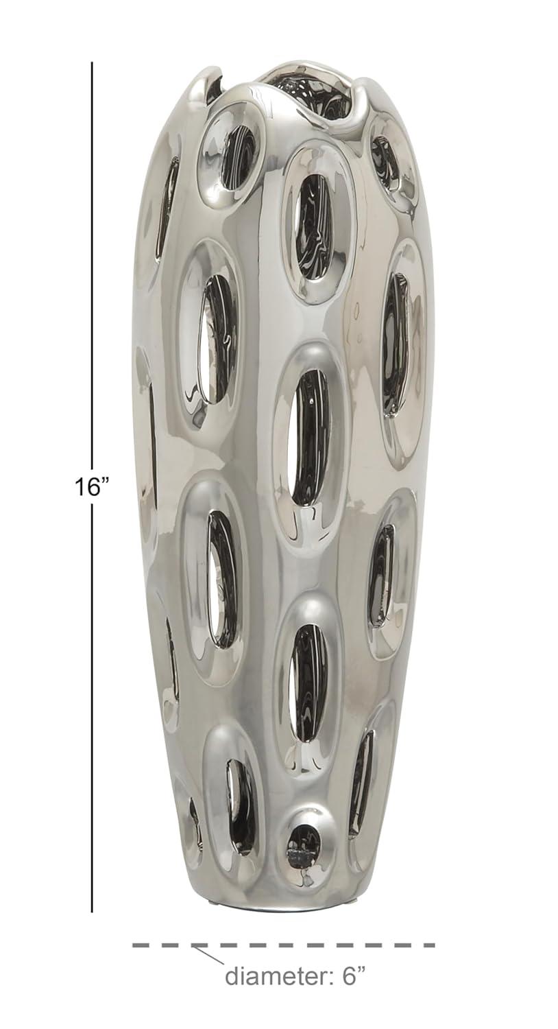 DecMode 16" Silver Ceramic Vase with Cut Out Designs