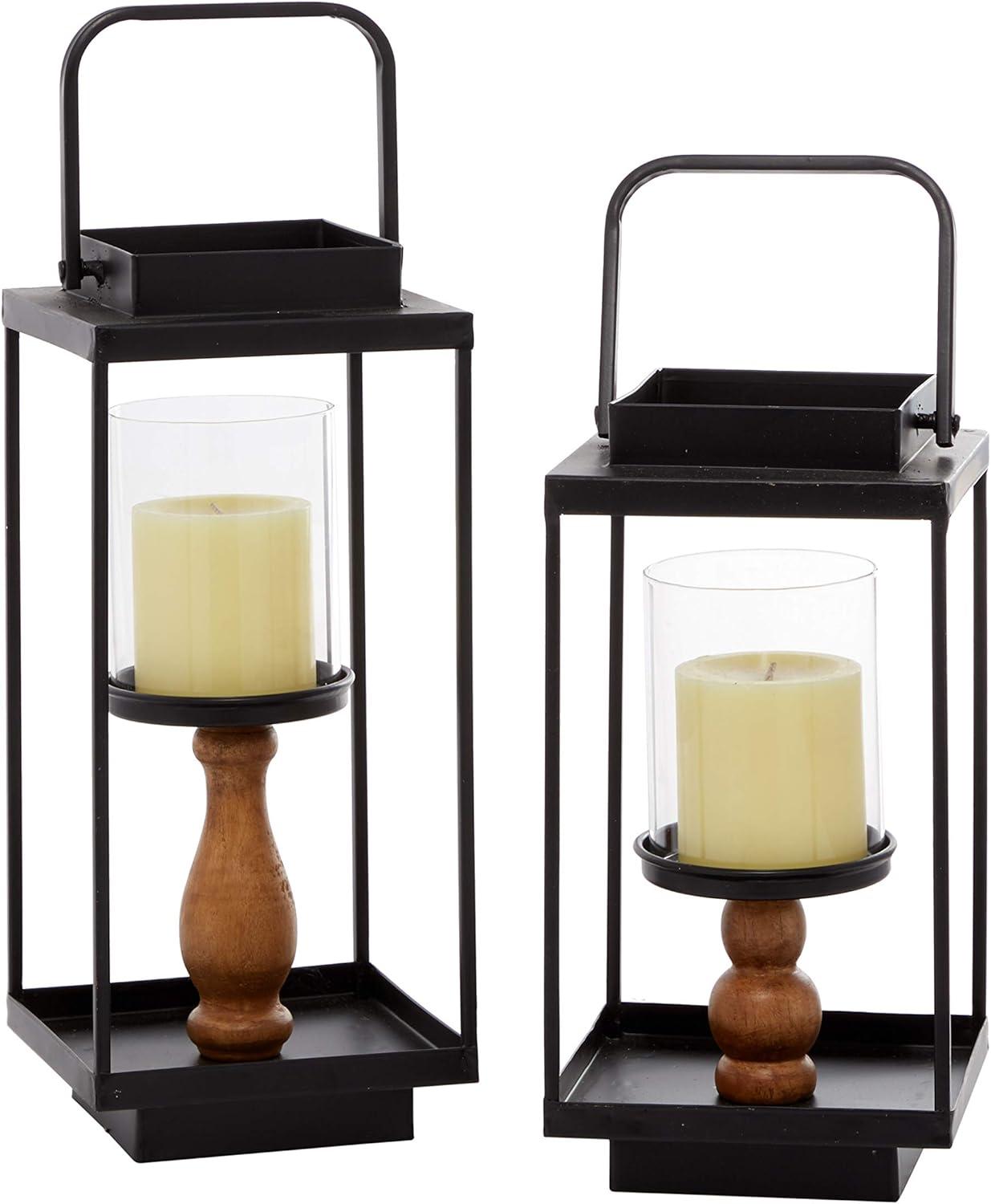 Rustic Black Iron and Wood Lantern Candle Holders, Set of 2