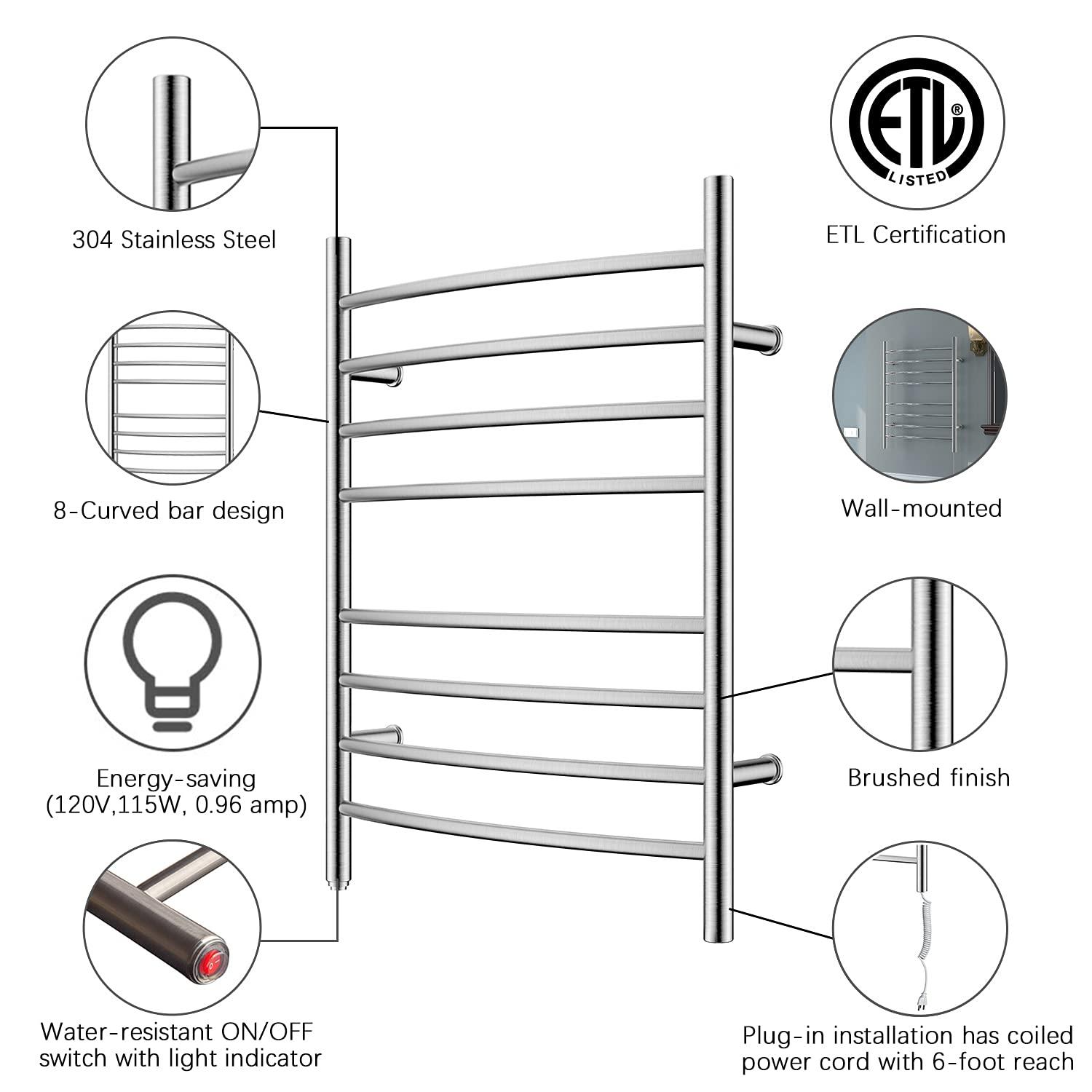 HEATGENE Towel Warmer Wall Mount Electric Plug-in/Hardwired Heated Towel Rack Mirror Polish