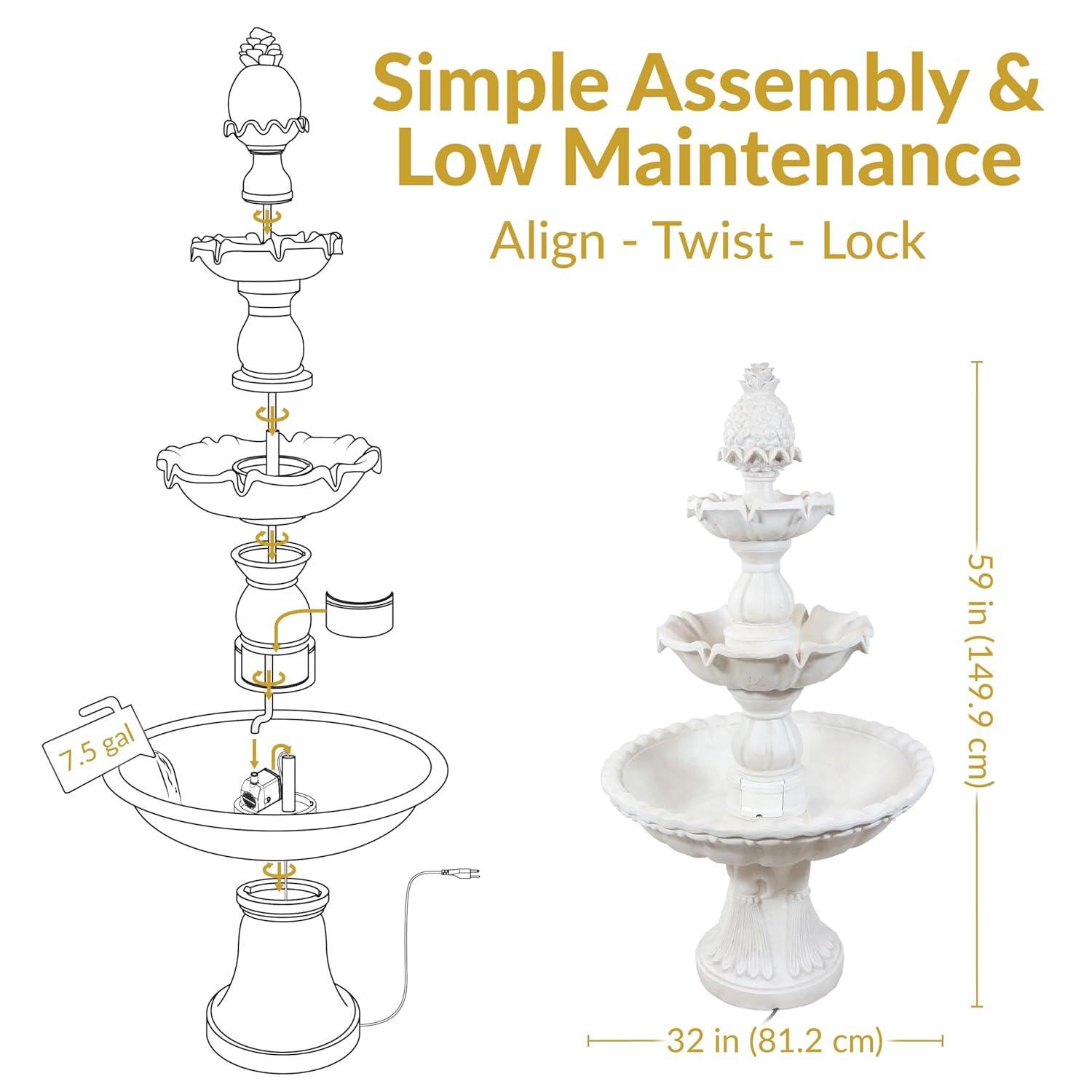 Sunnydaze Electric Fiberglass 3-Tier Welcome Pineapple Top Outdoor Water Fountain - 57" - White