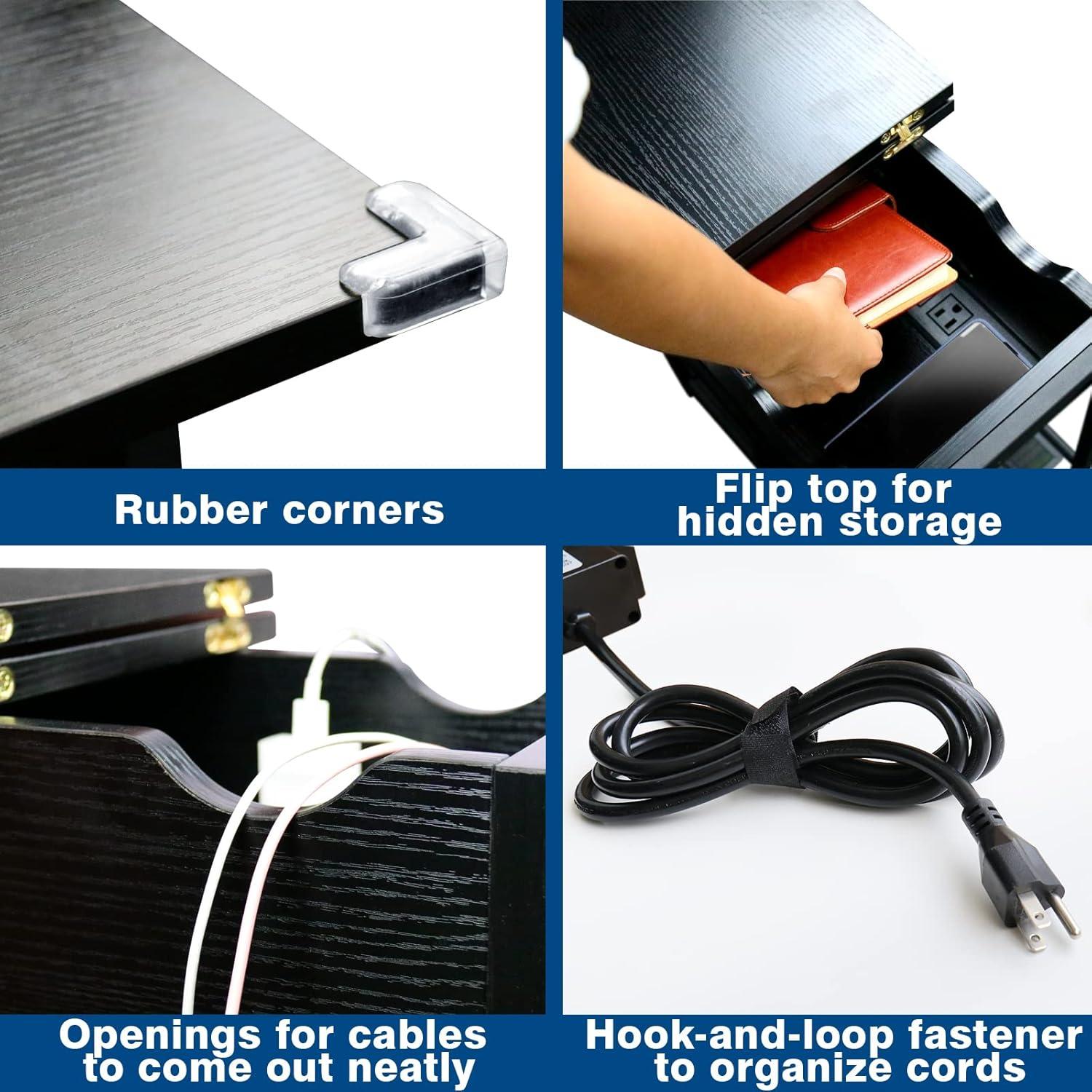 Slim Side Table With Wheels, USB Ports And Outlets, Rolling Narrow End Table With Charging Station And Bag, Flip Top Nightstand With Hidden Storage Shelves For Living Room Bedroom Small Spaces