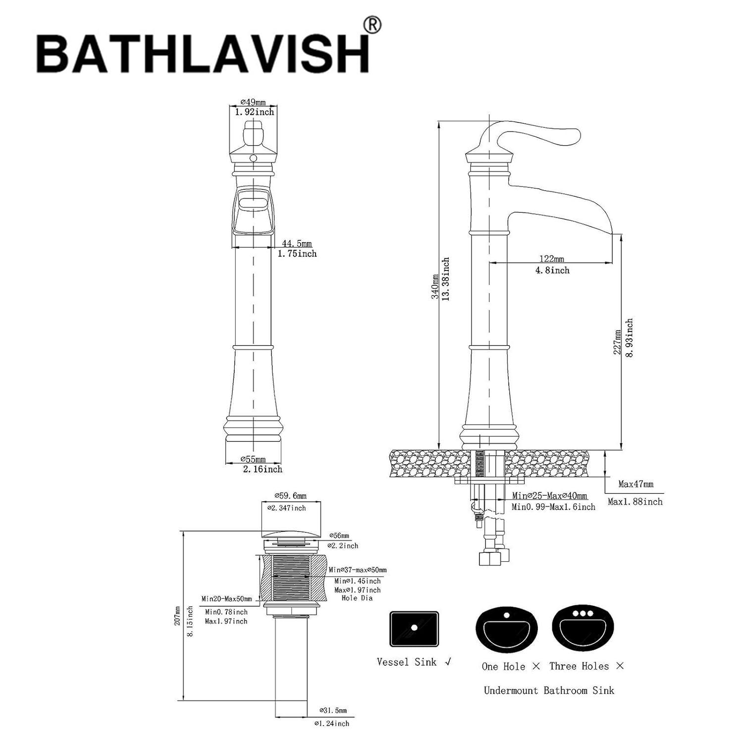 Vessel Sink Faucet Oil Rubbed Bronze Bathroom Faucet Waterfall Farmhouse Single Hole Single Handle for Sink Lavatory Faucets with Pop Up Drain Without Overflow Supply Line