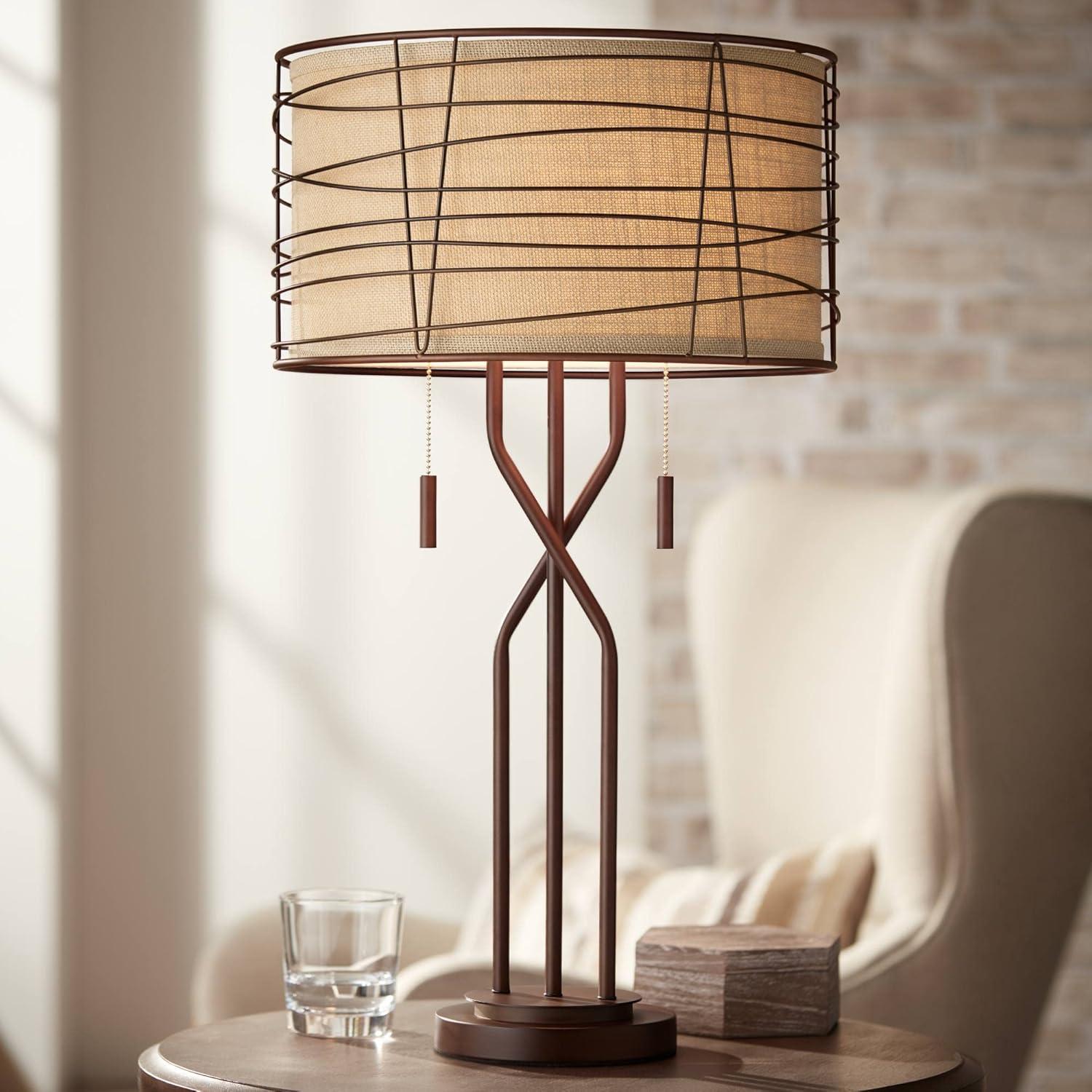 Franklin Iron Works Marlowe 28 3/4" Tall Rustic Modern End Table Lamp Pull Chain Brown Bronze Finish Metal Single Woven Shade Living Room Bedroom