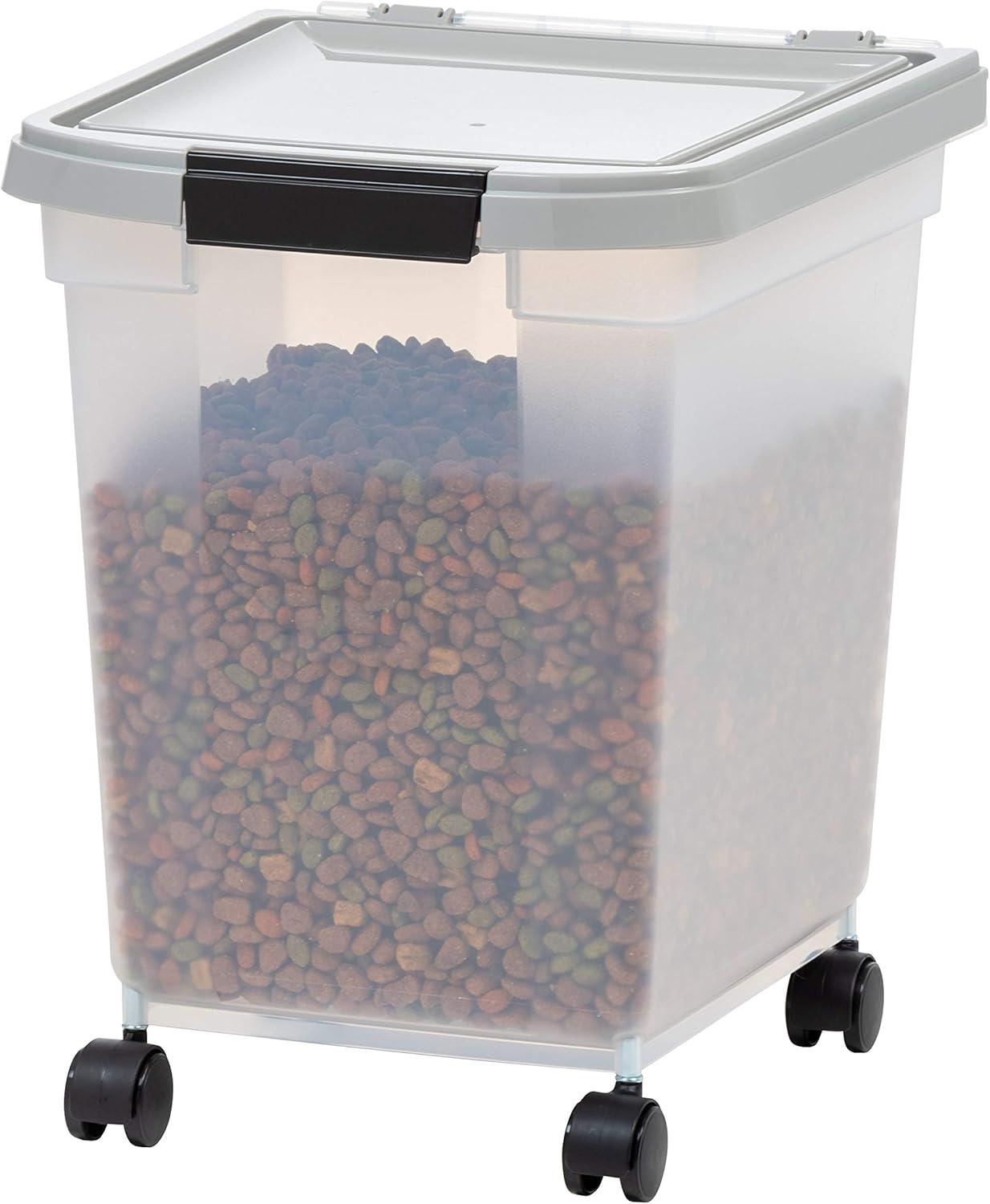IRIS USA 25 Lbs / 32.5 Qt WeatherPro Airtight Pet Food Storage Container with Removable Casters, Clear/Gray
