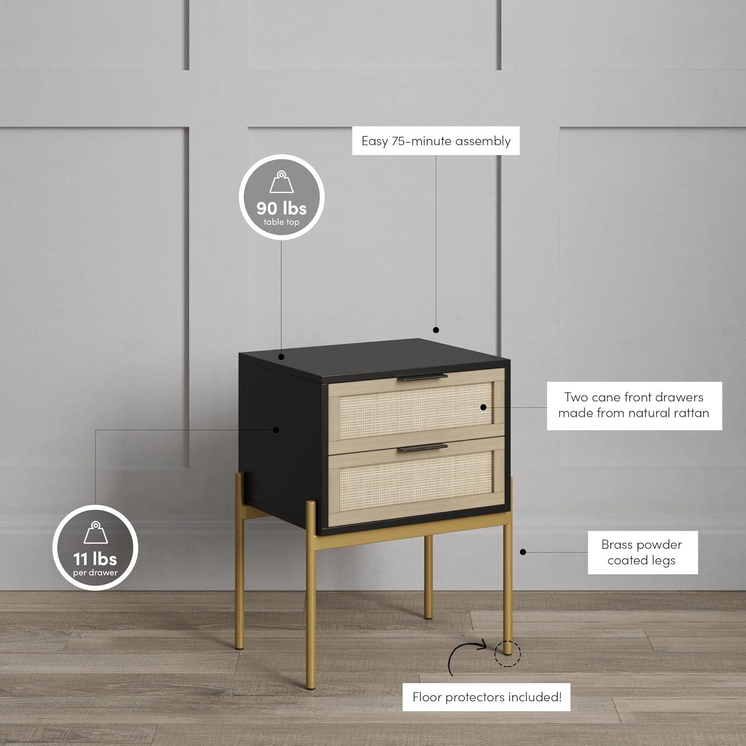 Nathan James Andrew 2 Drawers Side Table Matte Black Rattan: Brass Gold Hardware, Durable Metal Legs