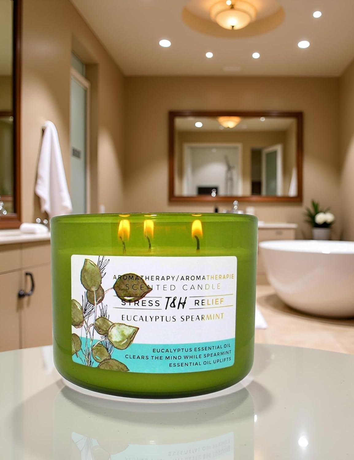 T&H Wholesalers Eucalyptus Spearmint Scented Soy Candle 3 Wick Aromatherapy Candle for Women and Men