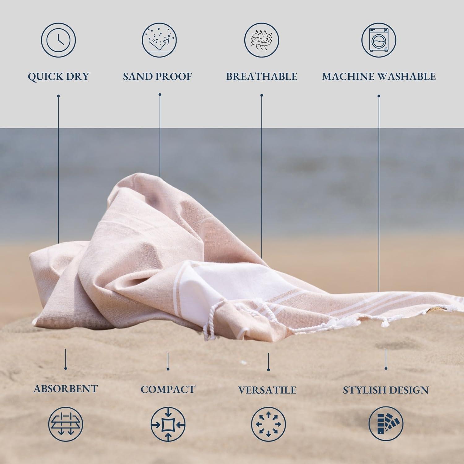 LANE LINEN Oversized Beach Towels, 2 Pack Turkish Towel Set for Adults, Lightweight, Quick Dry, Absorbent & Sand Proof, 39"x71" Pool Towels – Beige