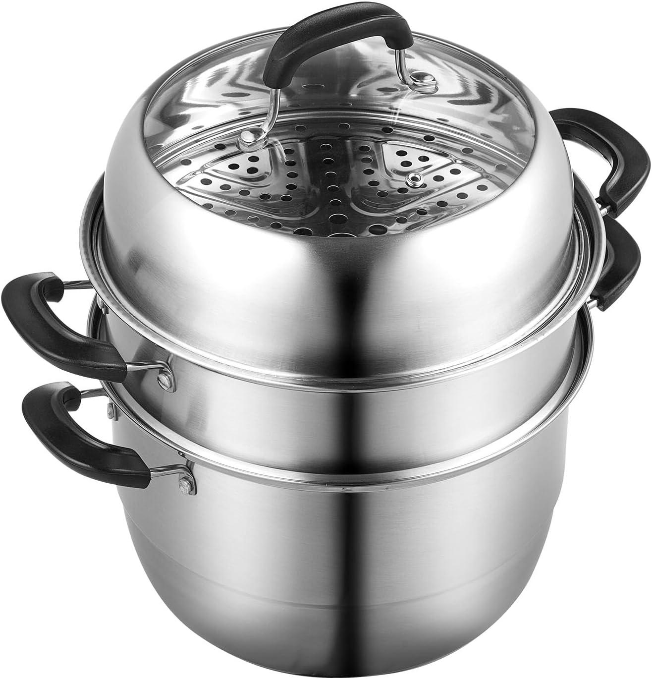 Stellweilan Tessberg Steamer Pot 11in/28cm, 3 Tier Steamer Pot for Cooking with 8.5QT Stock Pot, Vegetable Steamer & 2 Steaming Tray, Food-Grade 304 Stainless Steel Food Steamer Cookware for Gas Electric Stove Grill