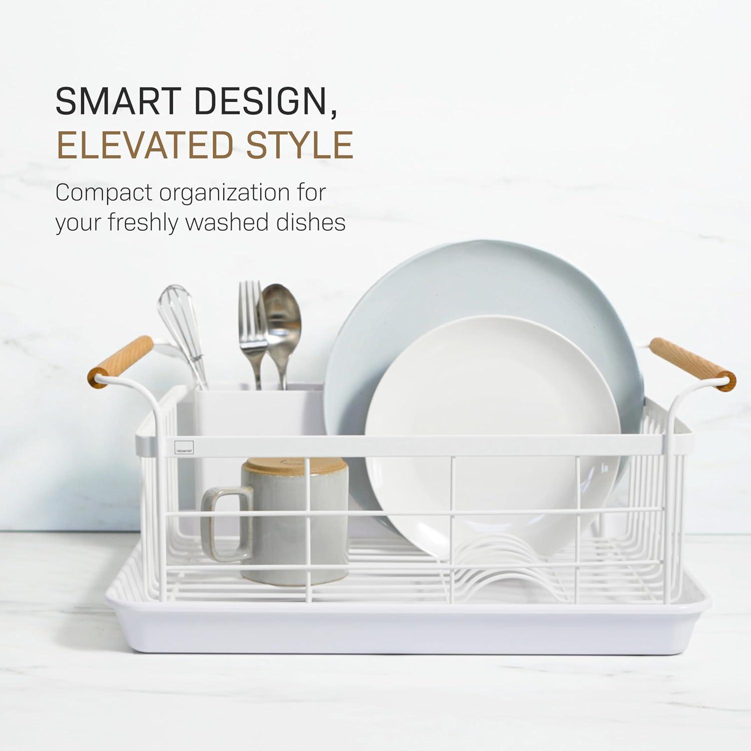 Yamazaki Tosca White Dish Rack with Wood Handles