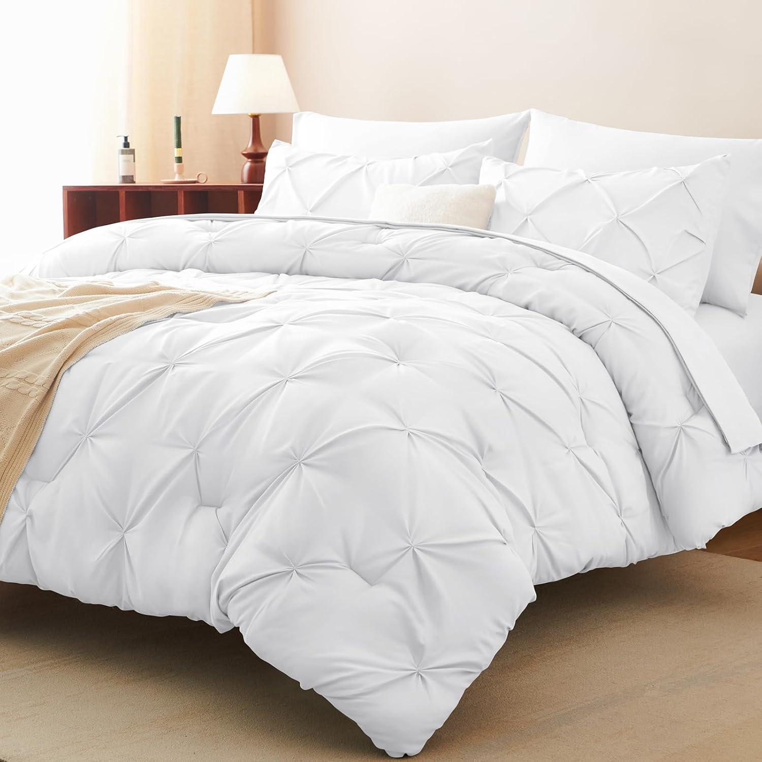 Cozy Comfort White King Comforter Set - 7 Pieces Pintuck Bed in A Bag, Bedding Sets with Comforters, Sheets, Pillowcases & Shams