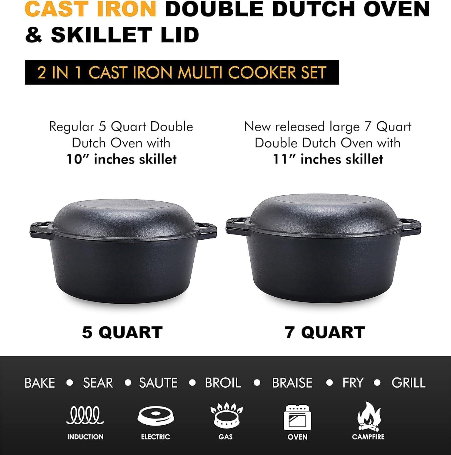 Bruntmor 2-in-1 Gray Enamel Cast Iron Dutch Oven & Skillet Set, 5 Quarts | All-in-One Cookware for Induction, Electric, Gas, Stovetop & Oven