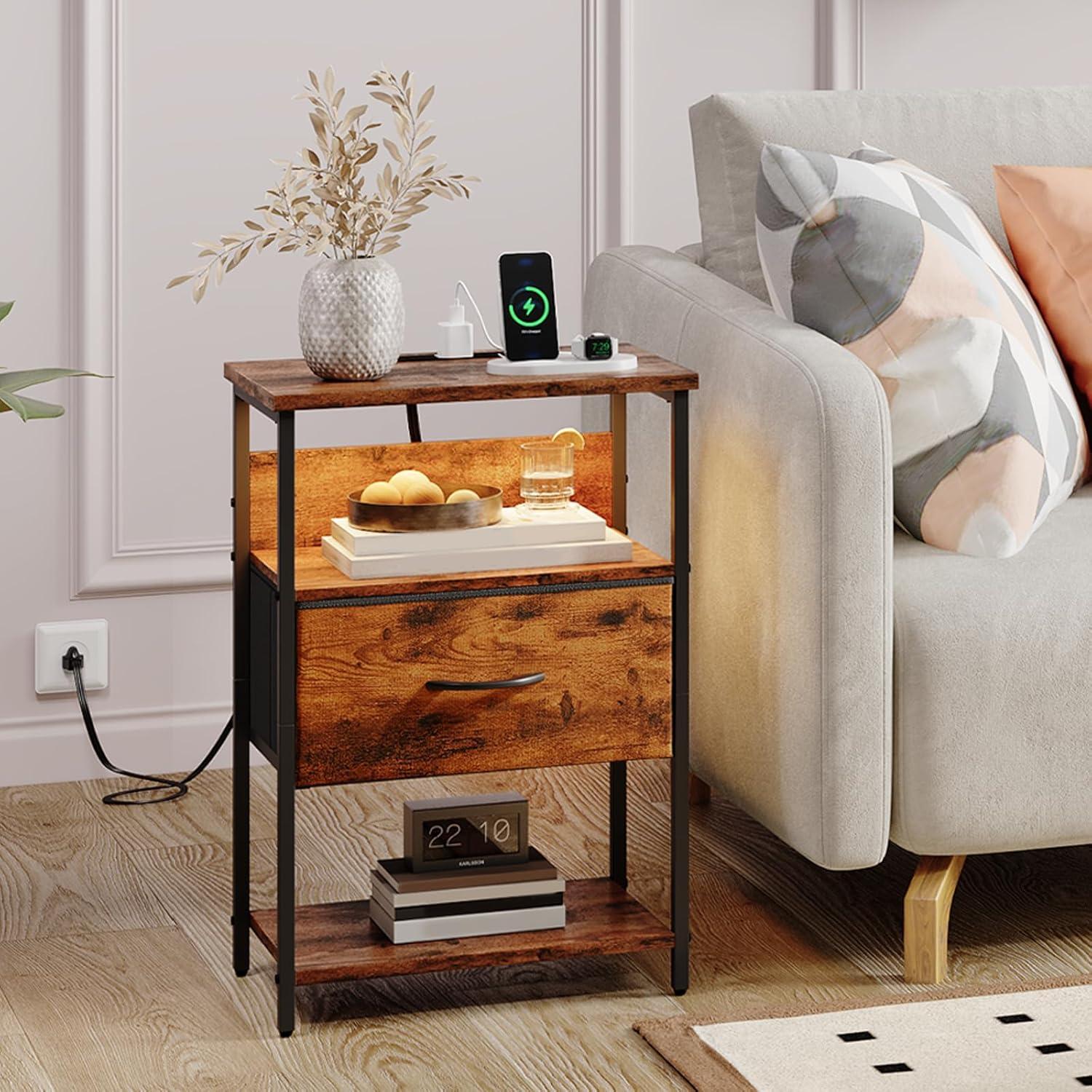 Somdot Bedside Table Set of 2 with Charging Station, LED and Storage Shelfs for Bedroom Living Room, Wood Grain Print