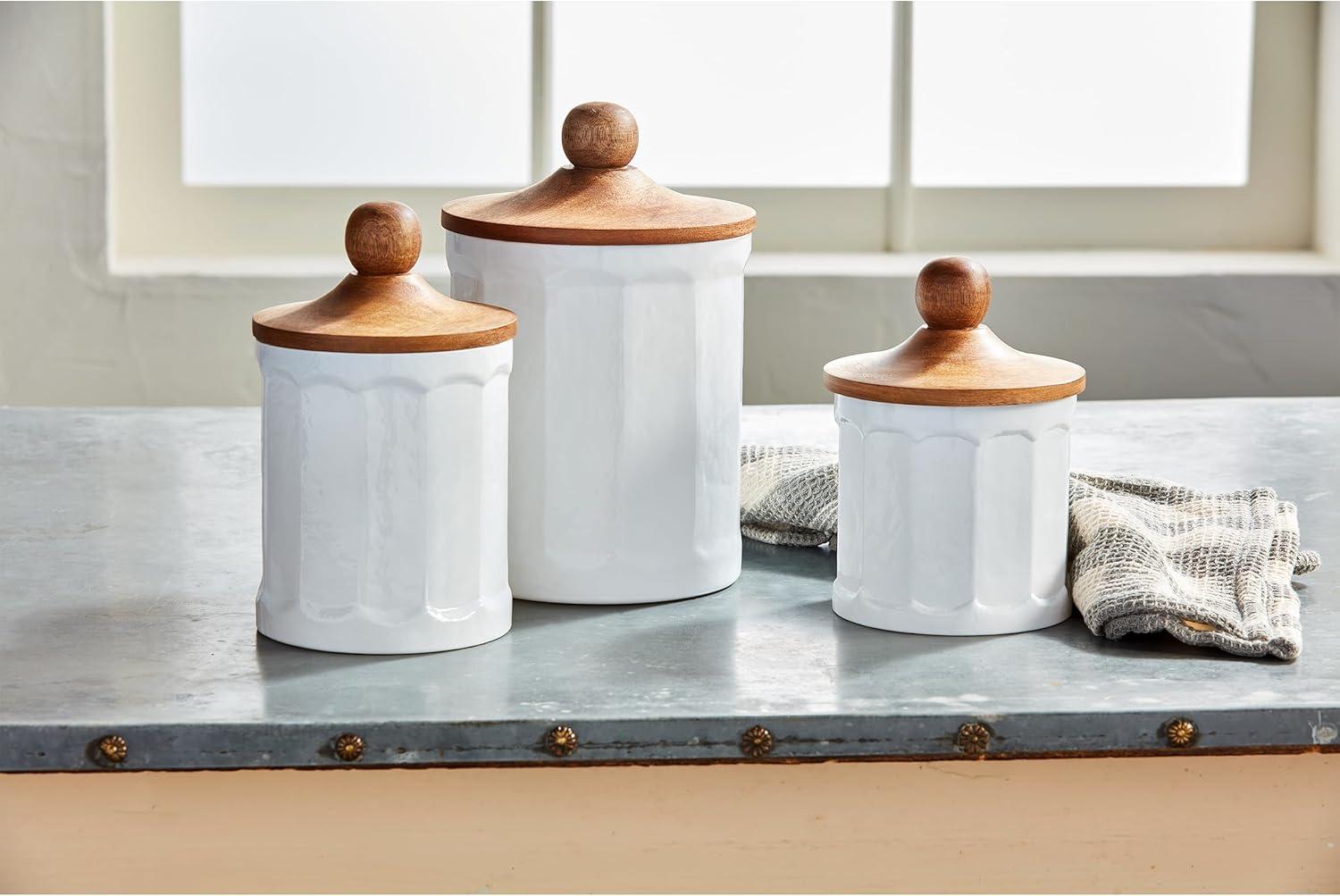 White Fluted Glass Canister Set with Wood Lids