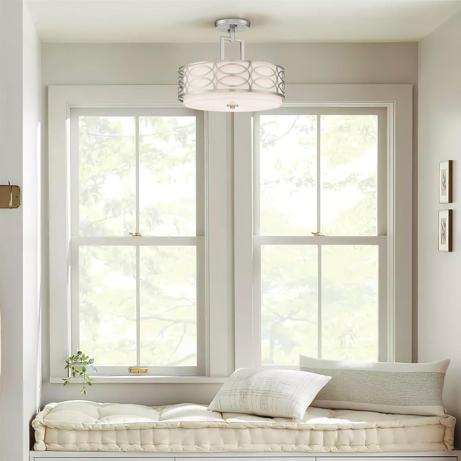 Kira Home Sienna 15" 3-Light Semi Flush Mount Ceiling Light, White Fabric Shade + Glass Diffuser, Brushed Nickel Finish