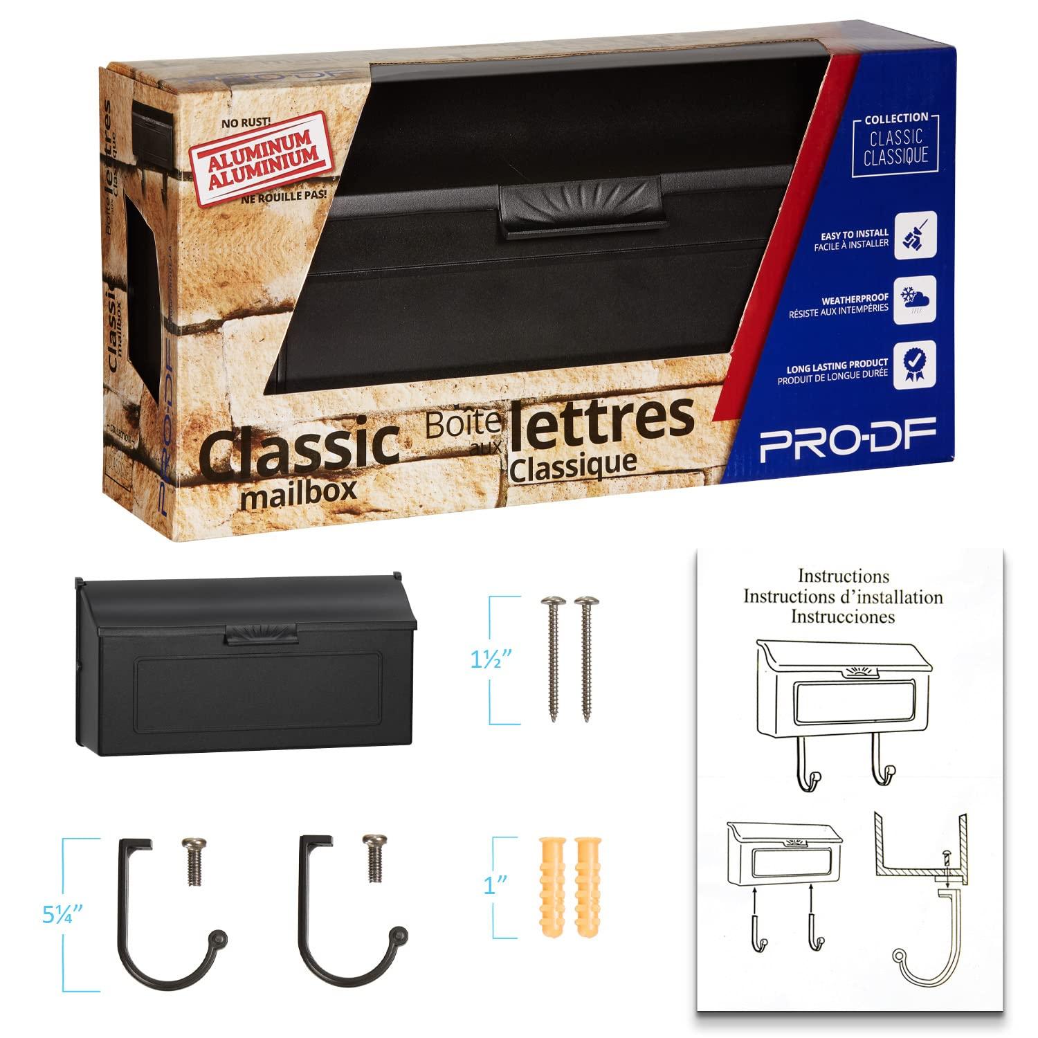 Cast Aluminum Metal Mailbox with Newspaper Hooks, Easy to Install Wall Mount, Heavy Duty, Rustproof Powder Coated Paint, Horizontal Mail Box for Outside House Porch - 16” x 4.25” x 8.25” (Black)