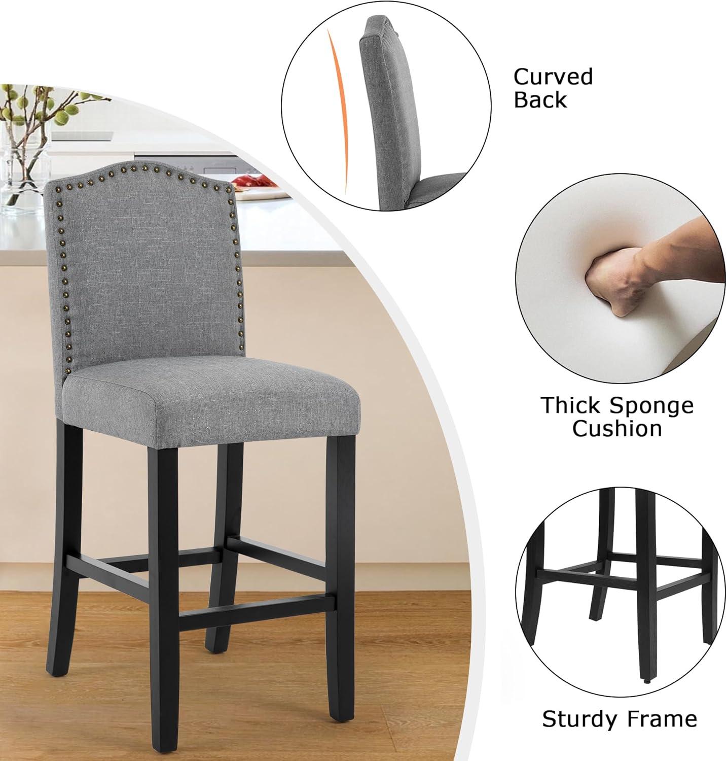 Set of 4 Gray Upholstered Counter Stools with Wood Legs