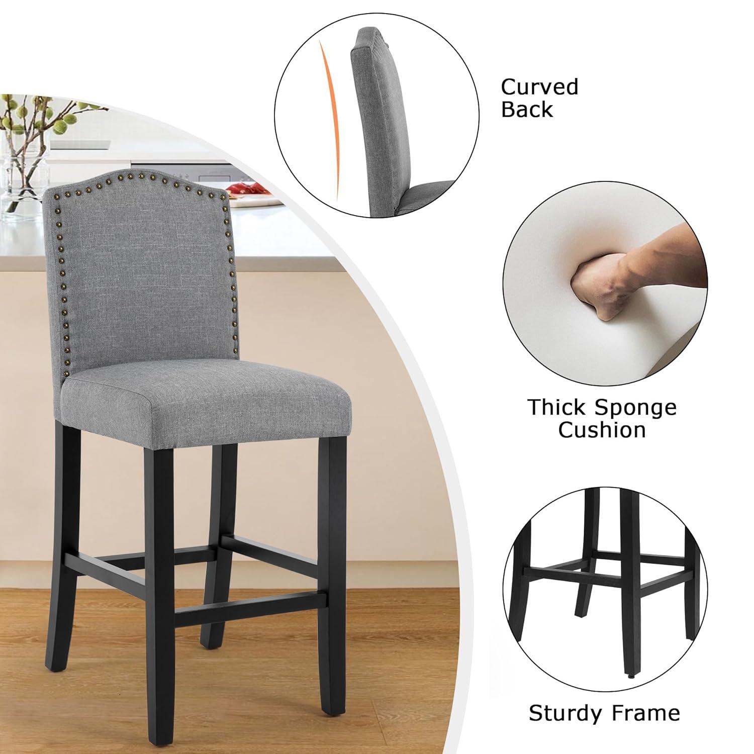 GOTMINSI Counter Height Bar Stool, Classic Upholstered 24 Inches Counter Height Stools Set of 4 barstools with Solid Wood Legs and Grey Fabric
