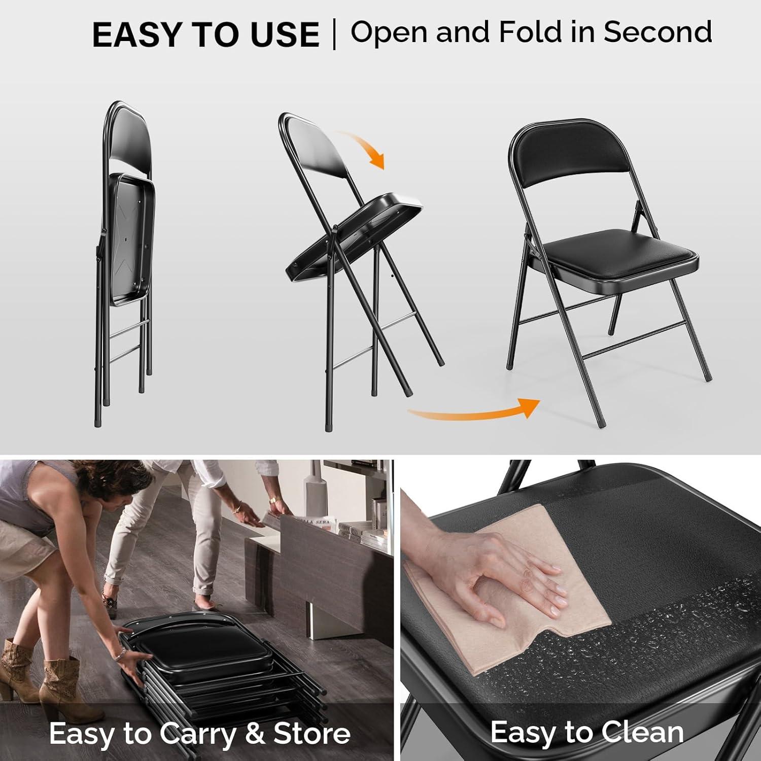 4Pcs Fully Assembled Thick-Padded Black PU Folding Chairs, 17.7"X19.7"X30.7"