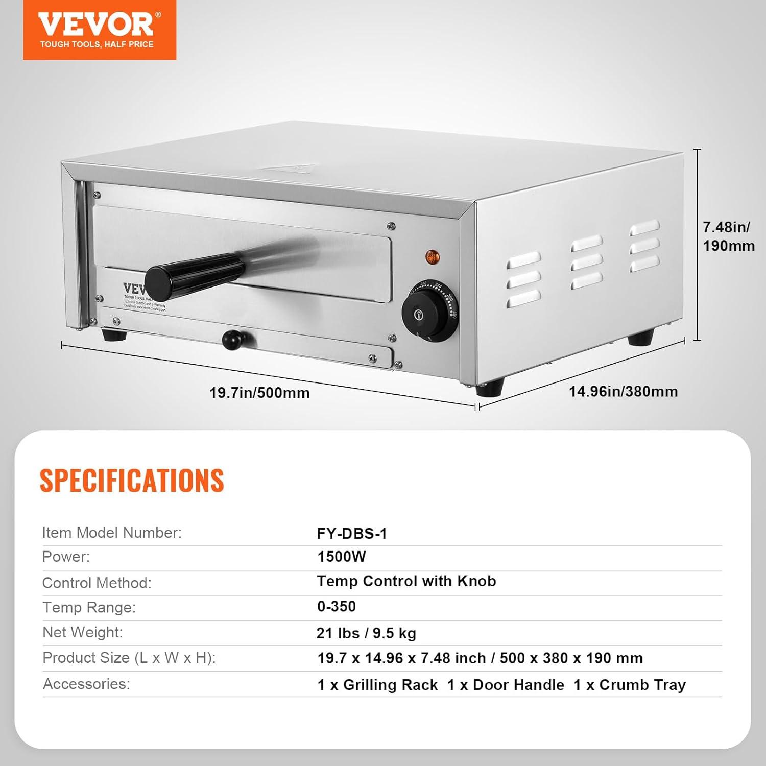 VEVOR 12-Inch Stainless Steel Electric Pizza Oven with Adjustable Temperature