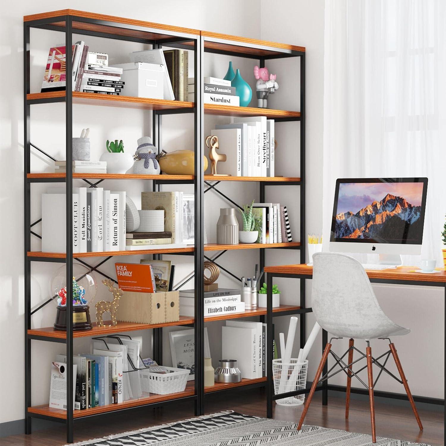 Tall Black Wood 6-Tier Ladder Bookshelf with Cubes