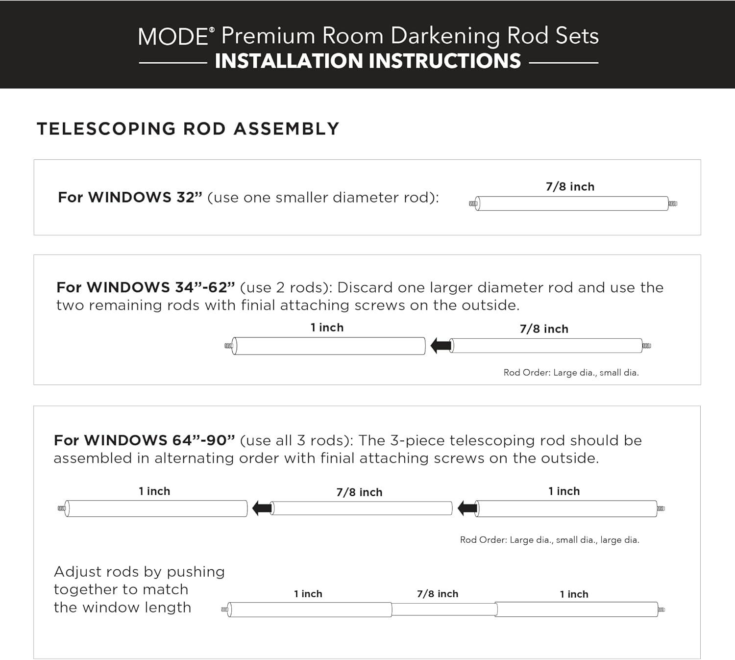 Mode Room Darkening Collection 1 in Diameter Blackout Curtain Rod Set with Steel Wall Mounted Adjustable Rod, Blocks Light, Fits 32 in To 90 in Windows