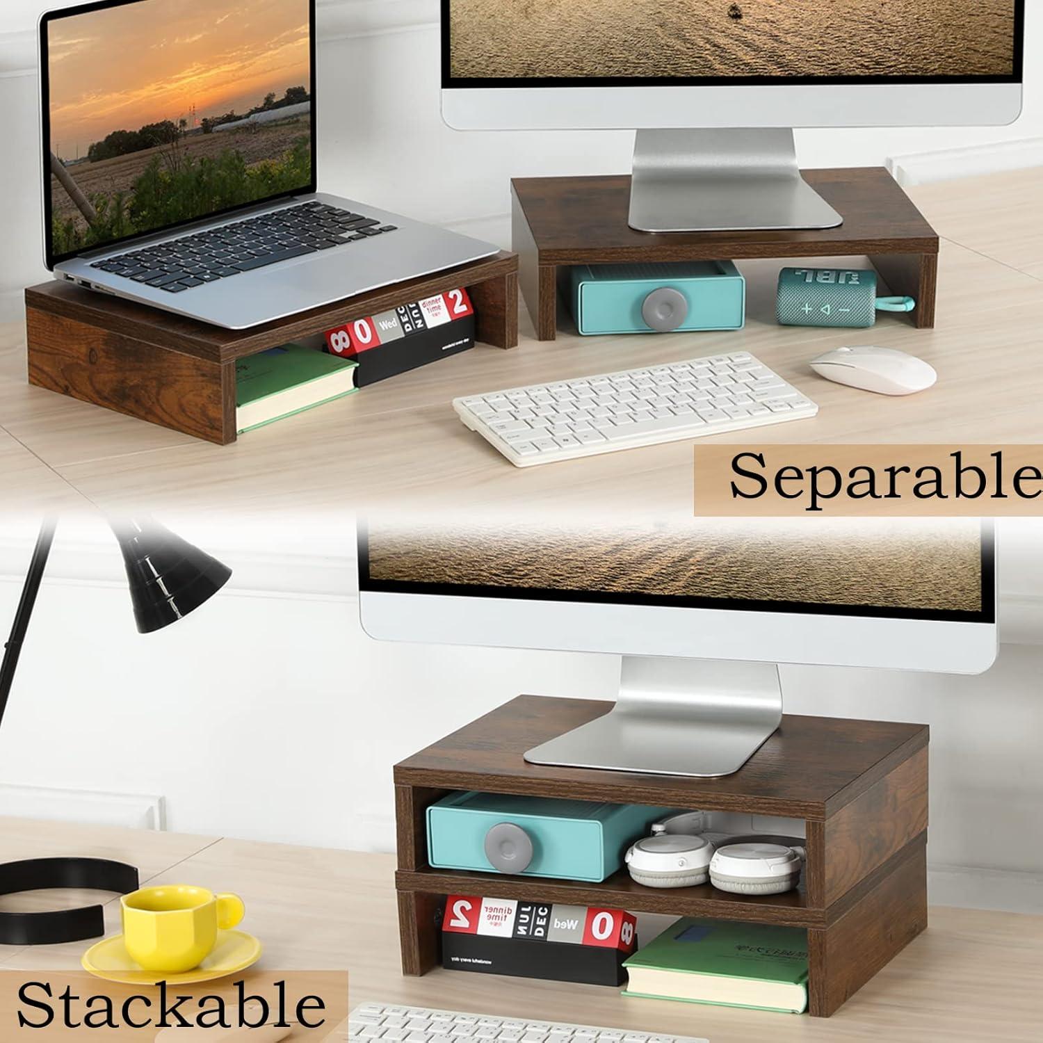 Rustic Brown MDF Adjustable Dual Monitor Stand Riser