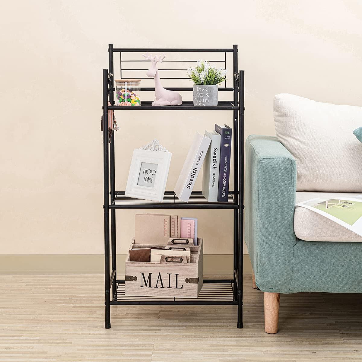 Black 3-Tier Metal Wire Shelving Unit with Hooks