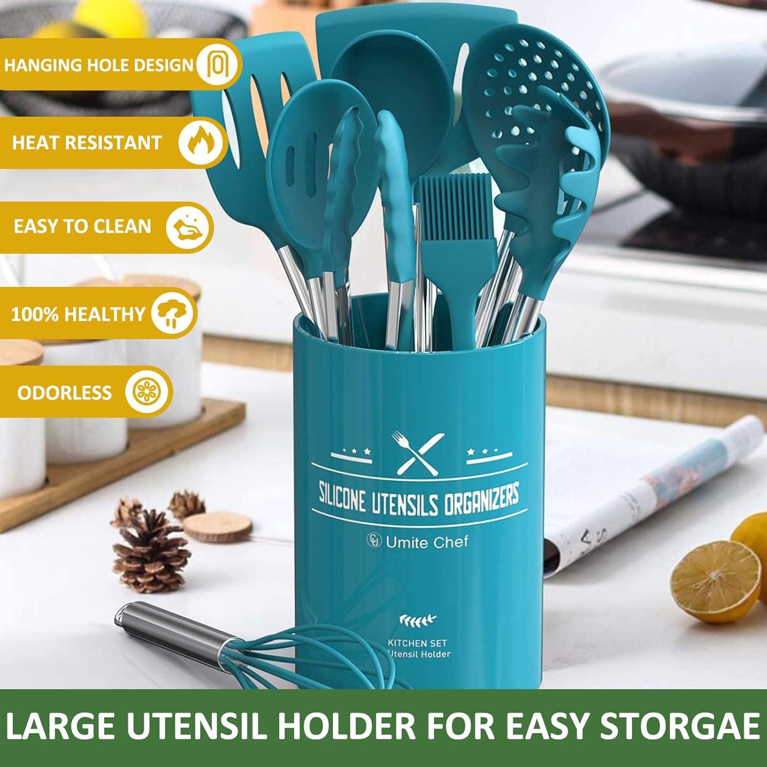 15 PCS Silicone Kitchen Cooking Utensils Set, Heat-Resistant Utensil Set with Premium Stainless Handles for Cooking and Baking, Non-Stick Spatula Kitchen Gadgets Cookware Set(Blue)