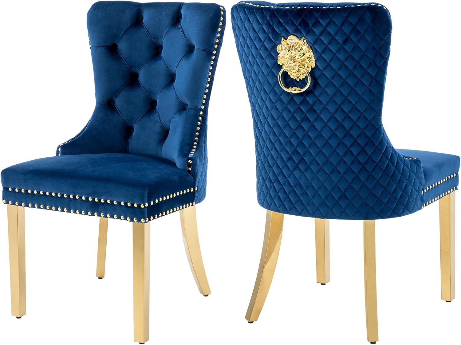 Velvet Upholstered Dining Chairs, Set of 2, Dining Room Tufted Chair, Modern Button Tufted Armless Chairs with Nailhead Trim and Back Ring Pull, Gold Legs, for Dining Room, Kitchen, Navy