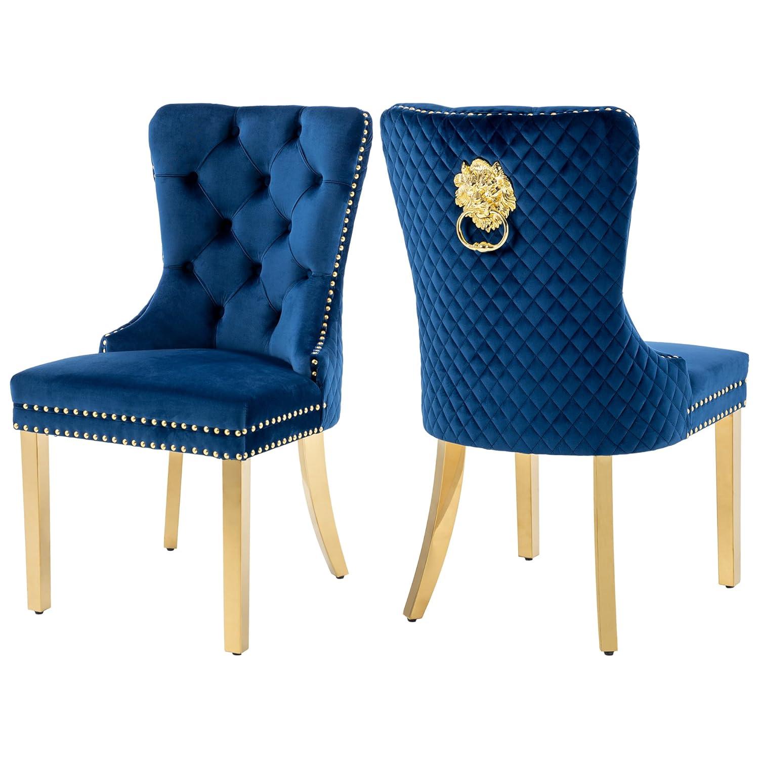 Velvet Upholstered Dining Chairs, Set of 2, Dining Room Tufted Chair, Modern Button Tufted Armless Chairs with Nailhead Trim and Back Ring Pull, Gold Legs, for Dining Room, Kitchen, Navy
