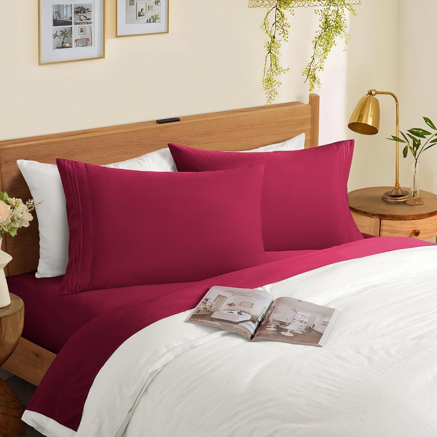 PiccoCasa 2Pcs Cotton Pillowcases Embroidered Pillow Covers, Queen Burgundy