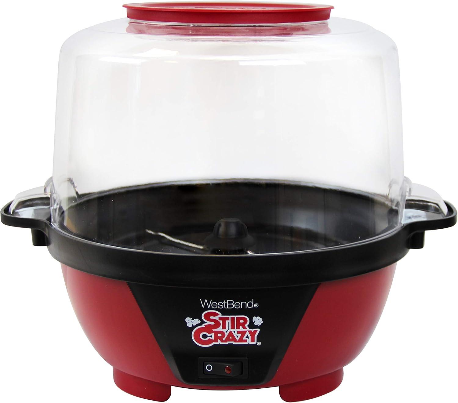 Stir Popcorn Machine Electric Hot Oil Popper Includes Large Lid for Serving Bowl and Convenient Nesting Storage, 6-Quart, Red