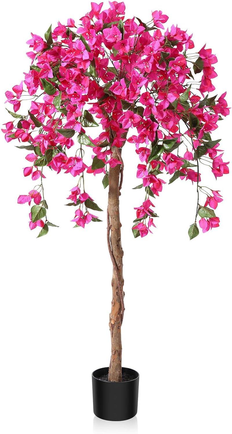 5FT Artificial Bougainvillea Tree Potted Fake Plant with Wood Trunk and Pink Flowers for Indoor Office Wedding Home Decor