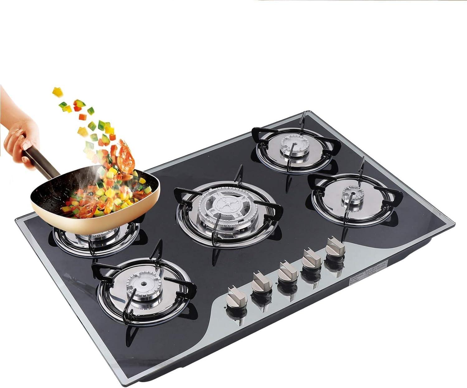 30"  Gas Stove Cooktop, 5 Burners Built-in Tempered Glass LPG/NG Stove with Flameout Protection for Kitchen Black