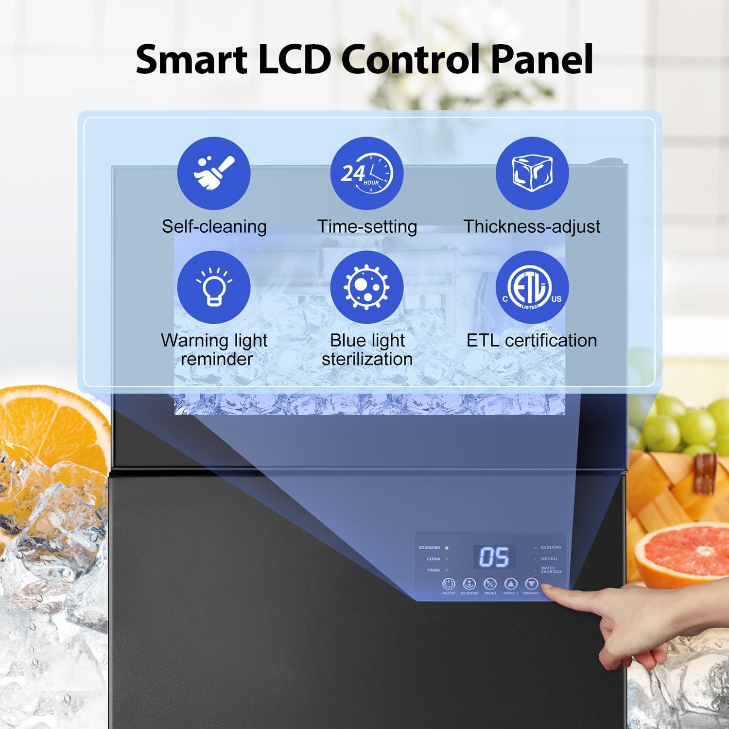 Commercial Built-in or Freestanding Ice Maker 130Lbs/24H with 35Lbs Ice Capacity, 45Pcs Ice Cubes, Stainless Steel